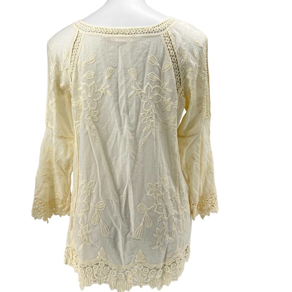 Soft Surroundings Romantique Tunic Crochet Bell Sleeve Aged Yellow Lace Top M - Picture 4 of 8